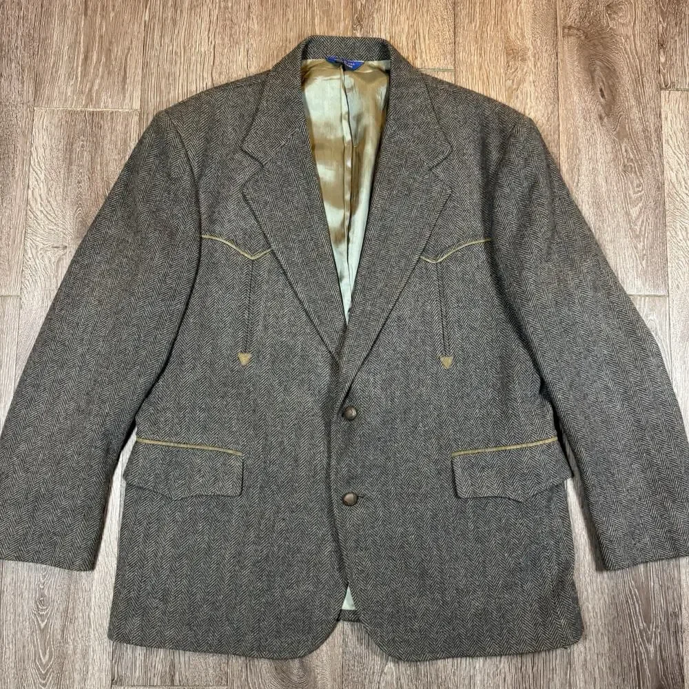 Pendleton Blazer Mens 46 Gray Herringbone Tweed Western Sport Coat
